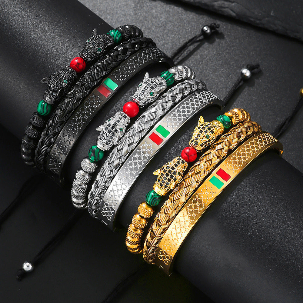 Cross-border hot-selling stainless steel zircon leopard head woven bracelet bracelet combination, fashionable C-shaped titanium steel bracelet