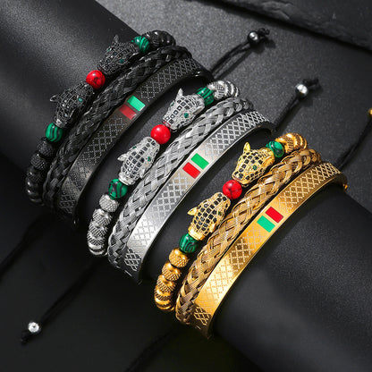 Cross-border hot-selling stainless steel zircon leopard head woven bracelet bracelet combination, fashionable C-shaped titanium steel bracelet