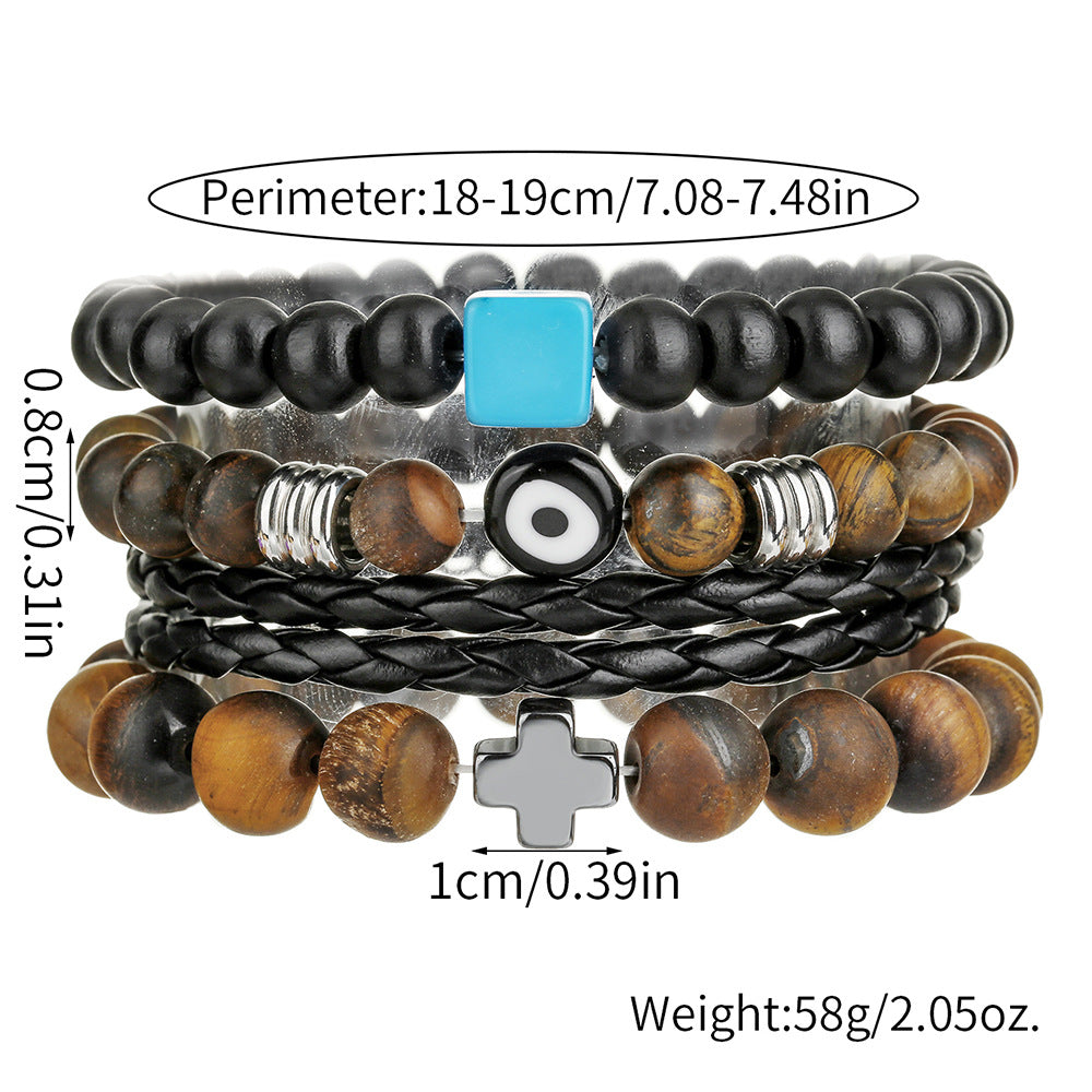 Amazon hot-selling tiger's eye stone leather bracelet set retro men's multi-layer stacking wearing cross eye bracelet men