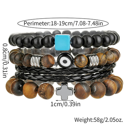 Amazon hot-selling tiger's eye stone leather bracelet set retro men's multi-layer stacking wearing cross eye bracelet men