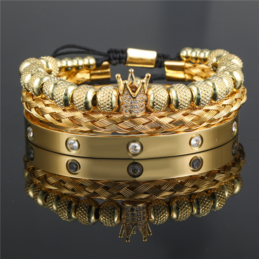 Copper micro-inlaid zircon double leopard head black agate woven bracelet men's stainless steel Roman bracelet stacked bracelet combination