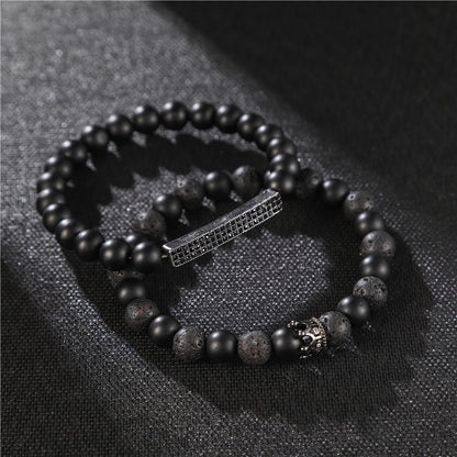 Cross-border jewelry, black frosted stone, lava stone mixed with zircon, small crown, long strip set, bracelet, bracelet set.
