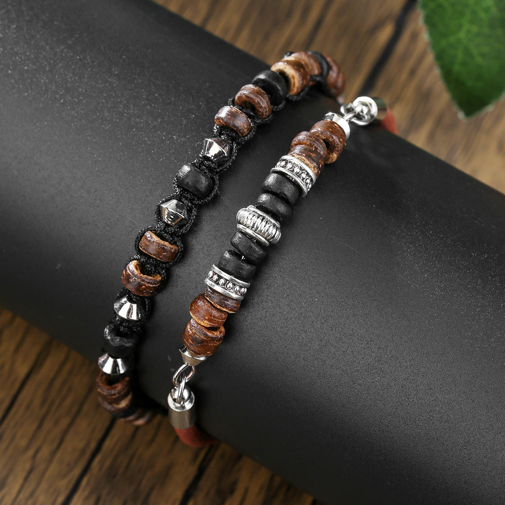 Vintage Woven Wood Bead Coconut Shell Bracelet Combination Leather Rope Magnet Buckle Metal Bracelet Men's Hip Hop Punk Men's Bracelet