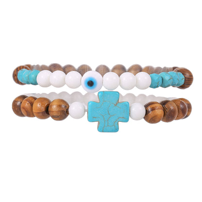 Europe and the United States cross-border couple jewelry men's fashion trend turquoise cross bracelet wood bead porcelain jade beaded bracelet men