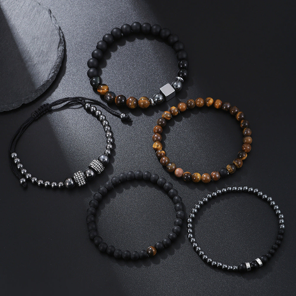 Amazon hot sale natural tiger eye black gallstone men's beaded bracelet, five beads multi-layer set DIY bracelet.