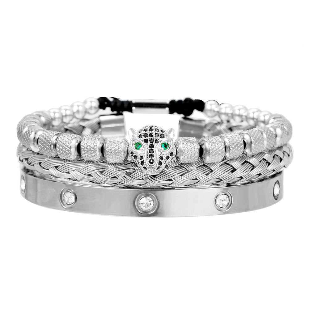 European and American retro zircon leopard head woven bracelet Roman letter woven stainless steel mesh bracelet set men