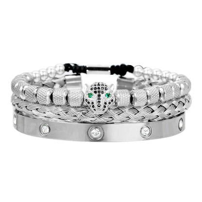 European and American retro zircon leopard head woven bracelet Roman letter woven stainless steel mesh bracelet set men