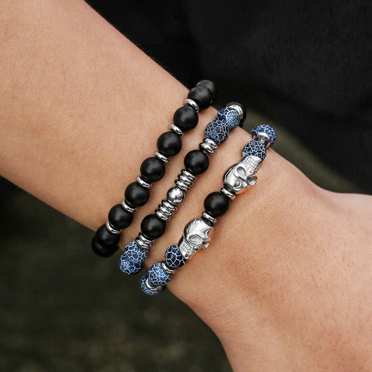 Retro Men's Hip Hop Stainless Steel Skull Bracelet Multilayer Stacked Wear Beaded Weathered Black Agate Bracelet Non-Fading