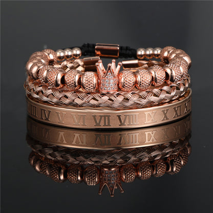 Diamond-encrusted stainless steel bracelet woven pineapple bead crown bracelet bracelet set C-shaped titanium steel open bracelet men