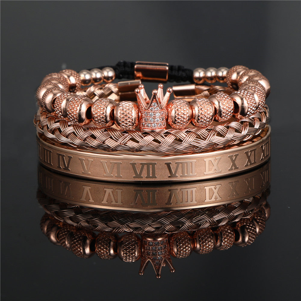 Copper micro-inlaid zircon double leopard head black agate woven bracelet men's stainless steel Roman bracelet stacked bracelet combination