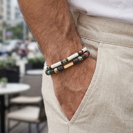 Cross-border personalized trend American double-layer stacked bracelet, black gallstone volcanic stone jewelry set, versatile men's bracelet.