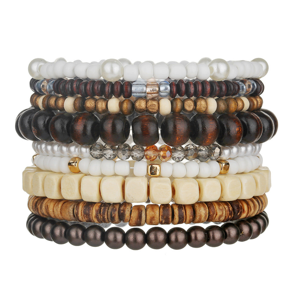 Cross-border bohemian imitation pearl crystal wooden bead beaded bracelet accessories multi-layer stacked elastic men's bracelet