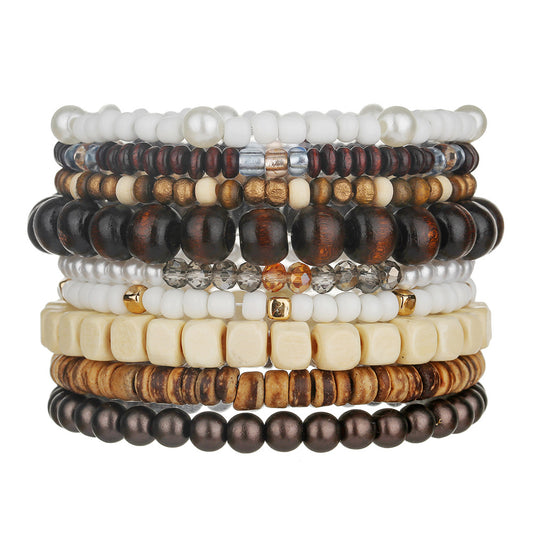 Cross-border bohemian imitation pearl crystal wooden bead beaded bracelet accessories multi-layer stacked elastic men's bracelet