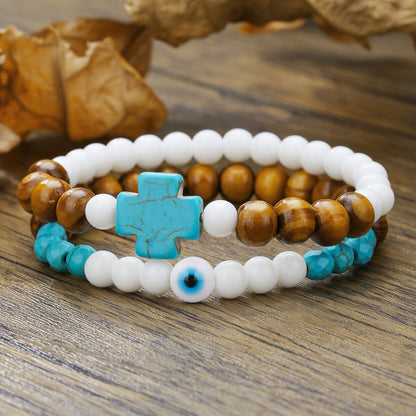 Europe and the United States cross-border couple jewelry men's fashion trend turquoise cross bracelet wood bead porcelain jade beaded bracelet men