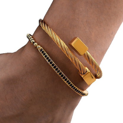 Cross-border stainless steel belt buckle bracelet, copper bead woven bracelet set of 2 bracelets, men's hip-hop bracelet.
