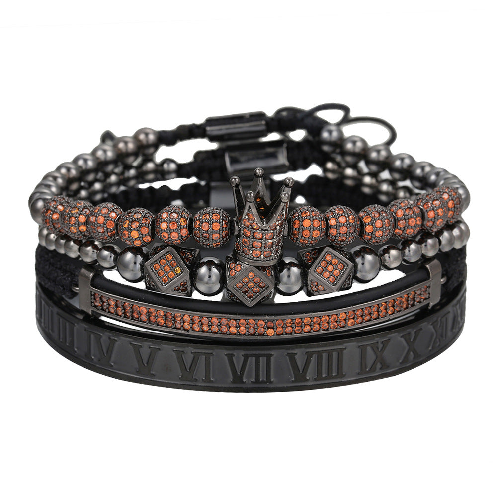 European and American men's micro-inlaid zircon diamond ball crown bracelet, diamond bracelet set, stainless steel Roman bracelet four-piece set