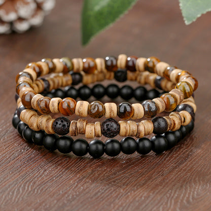 Cross-border best-selling handmade bead bracelets for men, vintage style multi-layer elastic tiger's eye stone wood beads coconut shell bracelets