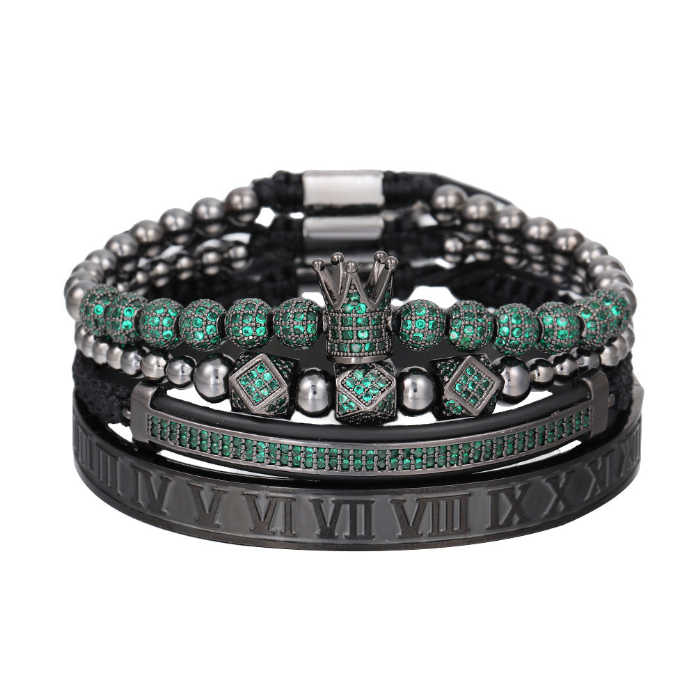 European and American men's micro-inlaid zircon diamond ball crown bracelet, diamond bracelet set, stainless steel Roman bracelet four-piece set