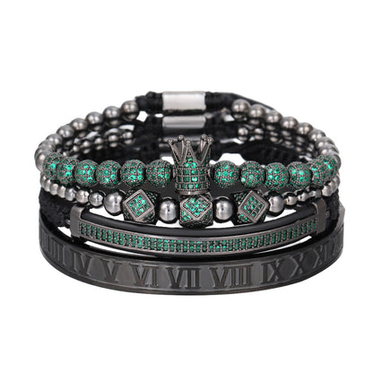 European and American men's micro-inlaid zircon diamond ball crown bracelet, diamond bracelet set, stainless steel Roman bracelet four-piece set