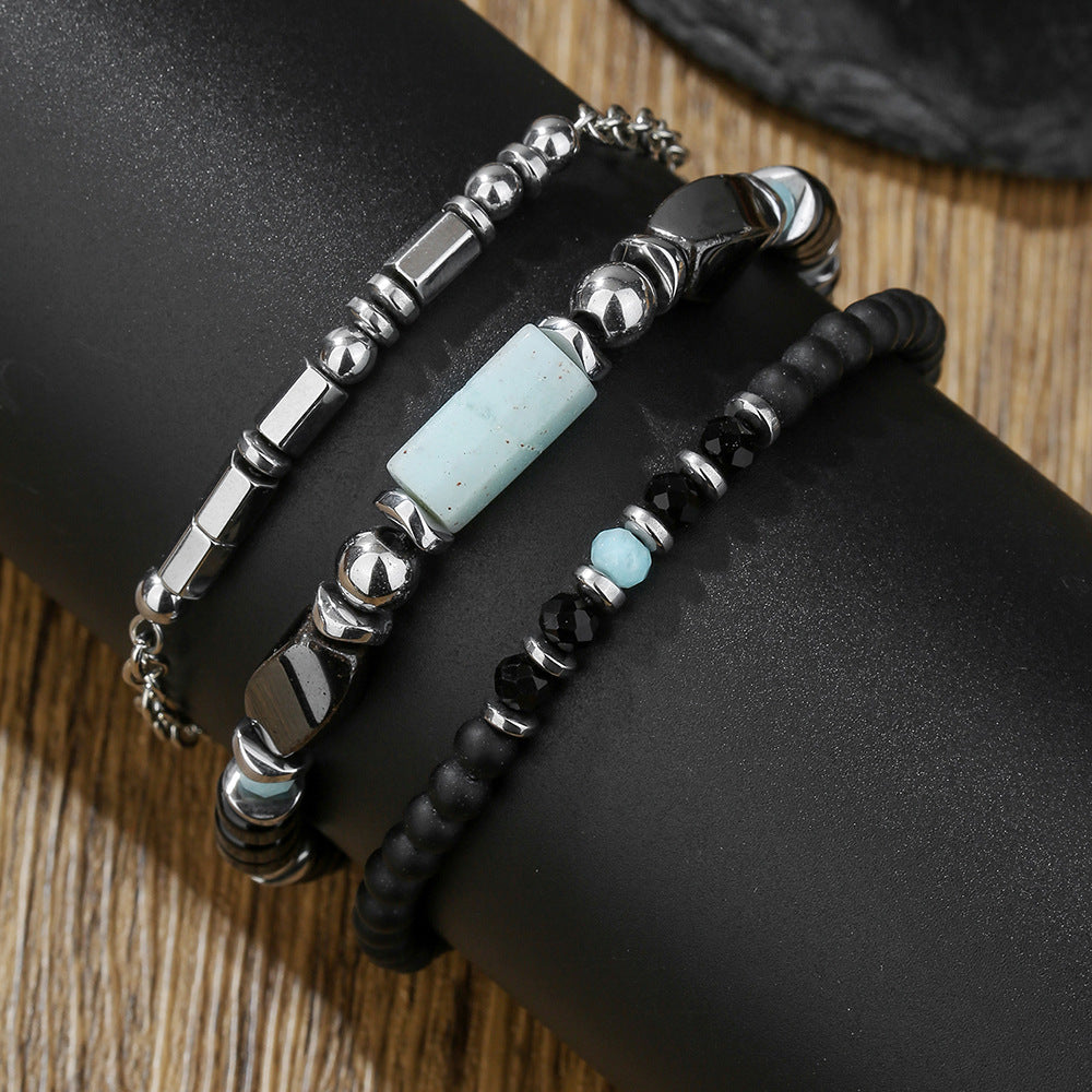 Natural stone and wood bead bracelet men's black matte beaded adjustable chain bracelet multi-layer stacked men's bracelet combination