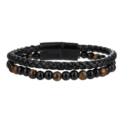 Cross-border new hip-hop punk beaded men's bracelet set stacked with black agate tiger's eye leather magnetic buckle bracelet