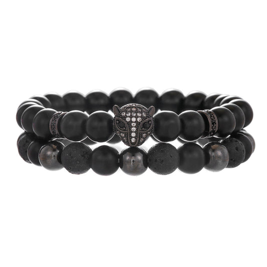 Amazon hot-selling jewelry, matte black micro-inlaid septum leopard head dumbbell bracelet combination foreign trade jewelry wholesale