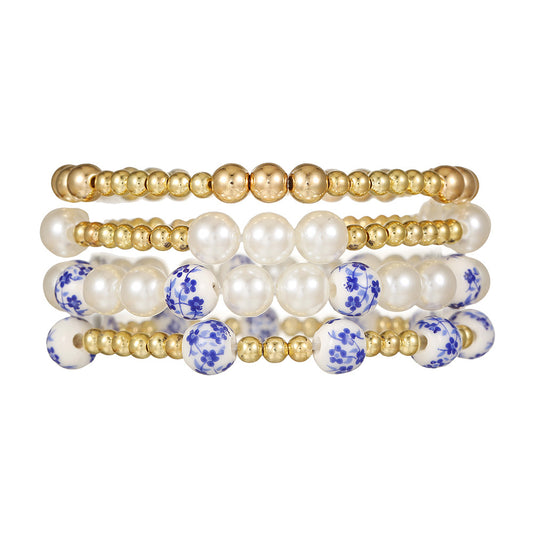 Chinese style blue and white ceramic imitation pearl CCB beaded cross-border Internet celebrity style multi-layer stacked elastic bracelet bracelet women