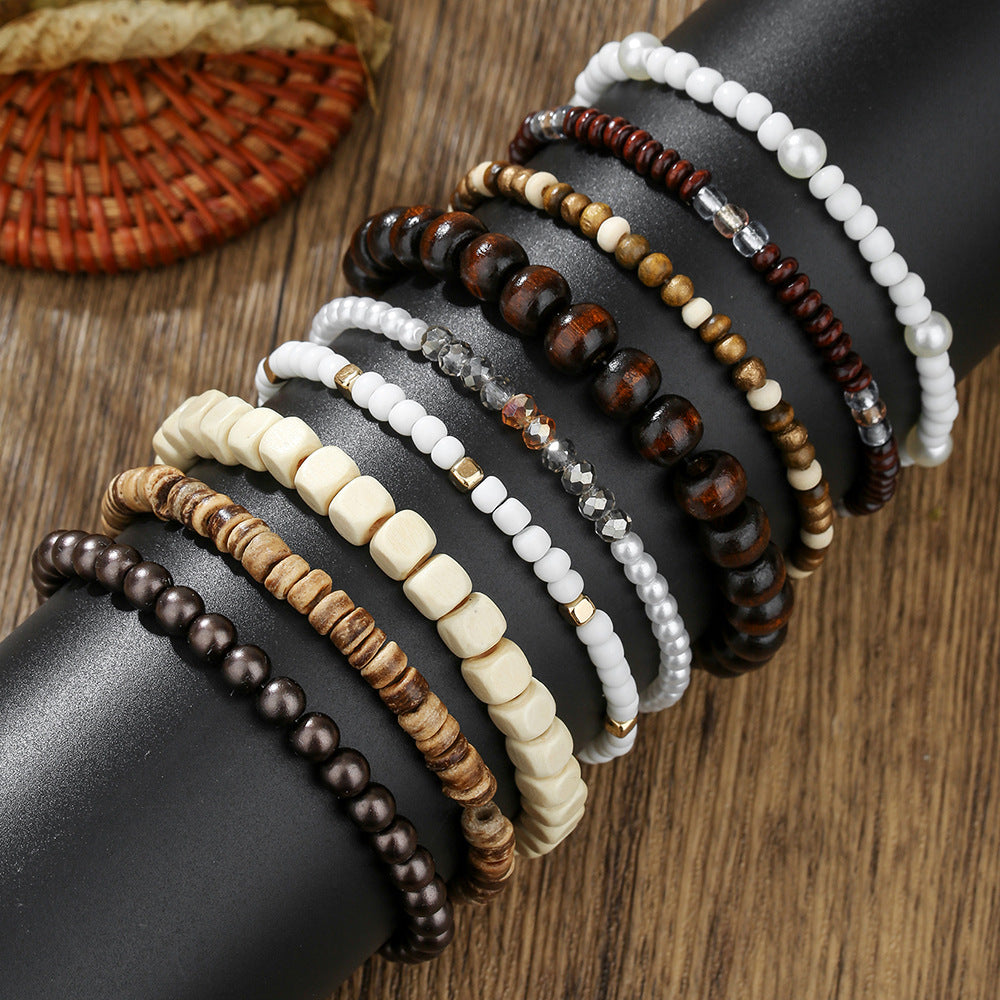 Cross-border bohemian imitation pearl crystal wooden bead beaded bracelet accessories multi-layer stacked elastic men's bracelet