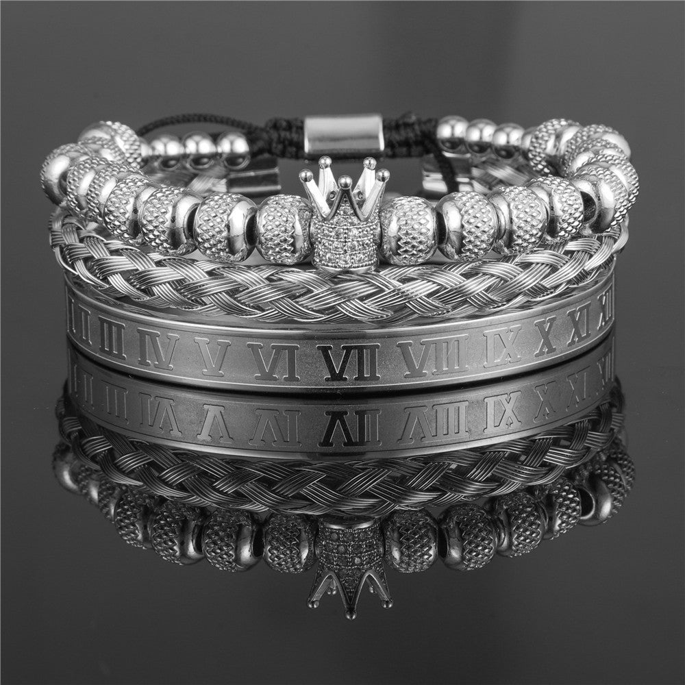 Copper micro-inlaid zircon double leopard head black agate woven bracelet men's stainless steel Roman bracelet stacked bracelet combination