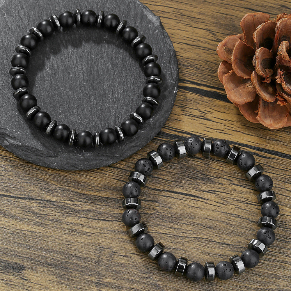 Fashion Personality Volcano Stone Black Magic Sand Black Gallstone Beaded Elastic Bracelet Men's 2-piece Commuter Vacation Bracelet