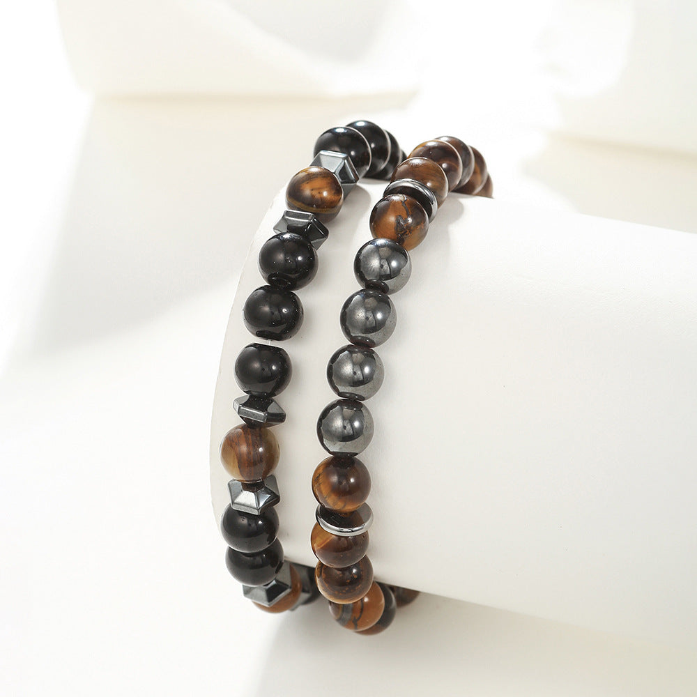 2 sets of yellow tiger eye black gallstone bracelet set combination, tiger eye stone bracelet fashionable and simple couple bracelet.