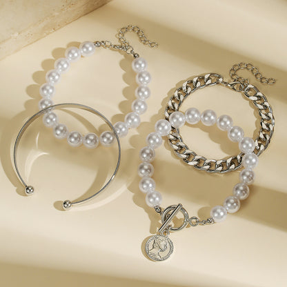 European and American cross-border hand jewelry sweet and cool multi-portrait imitation pearl bracelet set personalized NK Cuban chain jewelry women