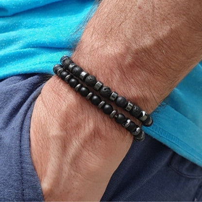 Fashion Personality Volcano Stone Black Magic Sand Black Gallstone Beaded Elastic Bracelet Men's 2-piece Commuter Vacation Bracelet
