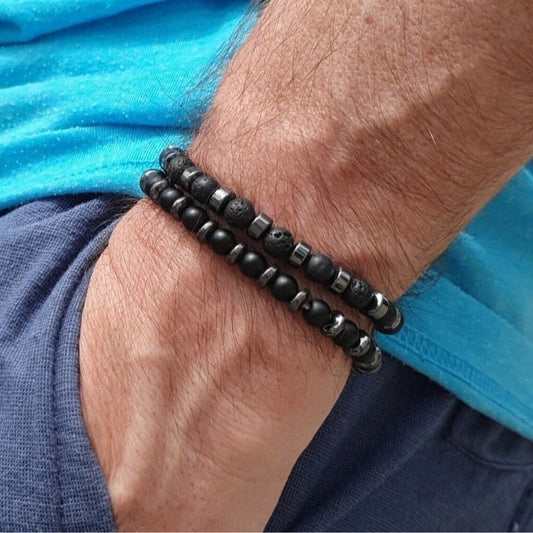 Fashion Personality Volcano Stone Black Magic Sand Black Gallstone Beaded Elastic Bracelet Men's 2-piece Commuter Vacation Bracelet
