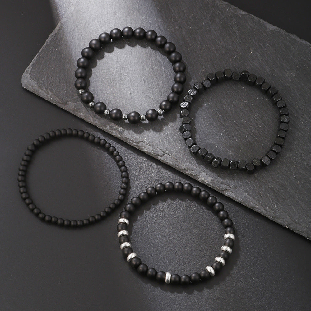 Cross-border explosion, black matte wood bead bracelet, hematite beaded bracelet set, men's black agate bead elastic bracelet.