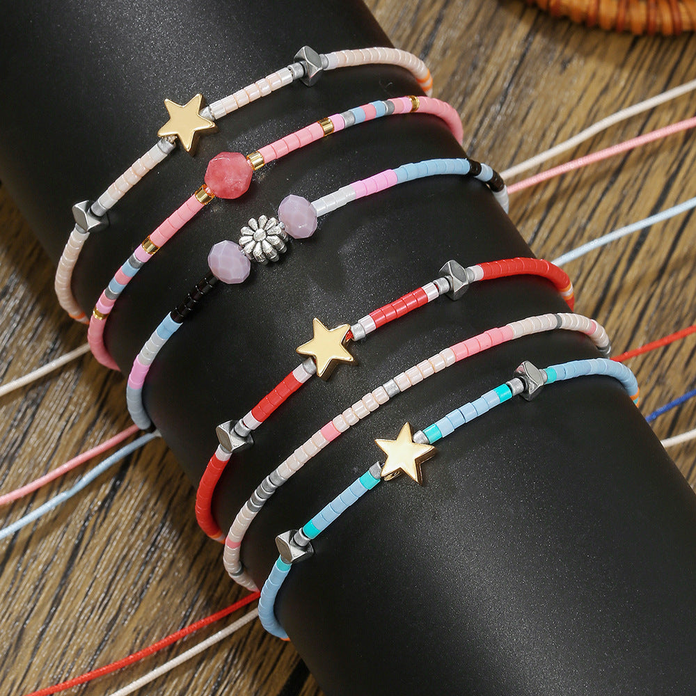 Gift bestie small bracelet simple Bohemian style colorful friendship bracelet adjustable five-pointed star rice bead bracelet for women