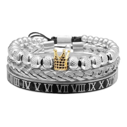 European and American retro versatile crown woven bracelet bracelet set, dripping oil Roman letter woven stainless steel bracelet