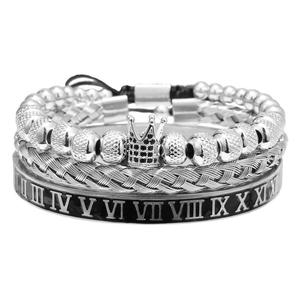 European and American retro versatile crown woven bracelet bracelet set, dripping oil Roman letter woven stainless steel bracelet