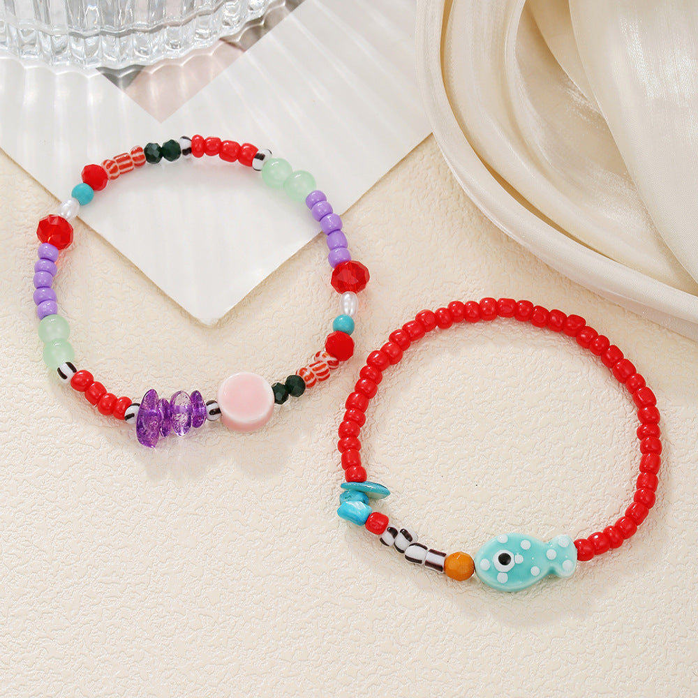 Summer Beach Vacation Wind Beaded Bracelet Ocean Wind Dopamine Ceramic Fish Sweet Glazed Rice Bead Bracelet Female