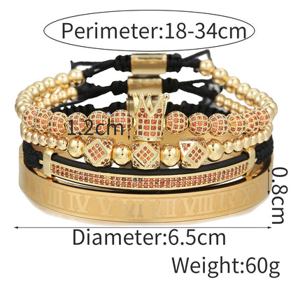 European and American men's micro-inlaid zircon diamond ball crown bracelet, diamond bracelet set, stainless steel Roman bracelet four-piece set