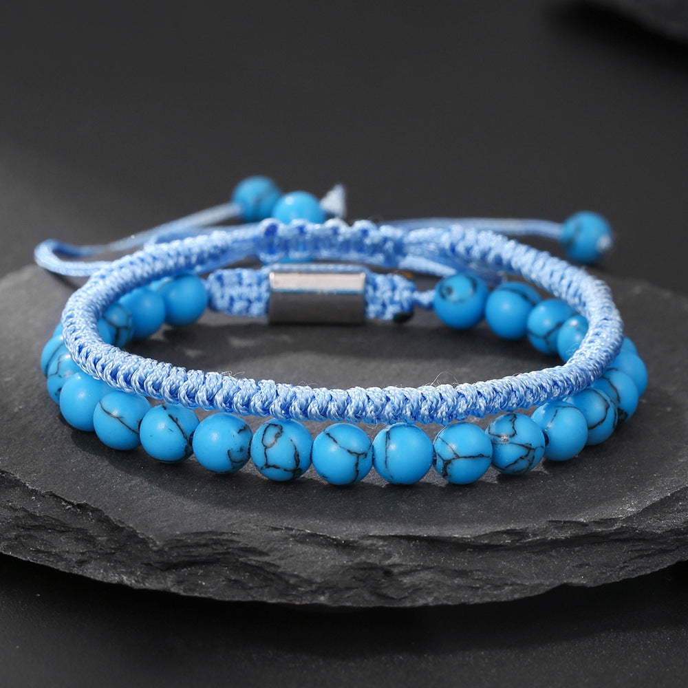 Cross-border hot-selling diamond knot woven bracelet men's combination volcanic stone blue turquoise tiger's eye adjustable couple bracelet