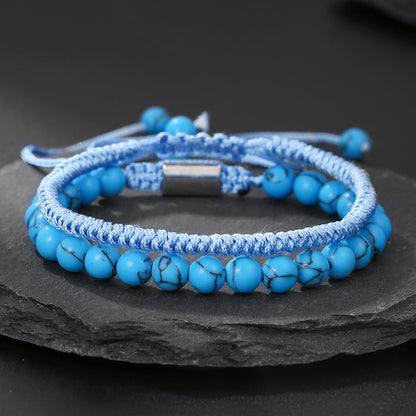 Cross-border hot-selling diamond knot woven bracelet men's combination volcanic stone blue turquoise tiger's eye adjustable couple bracelet