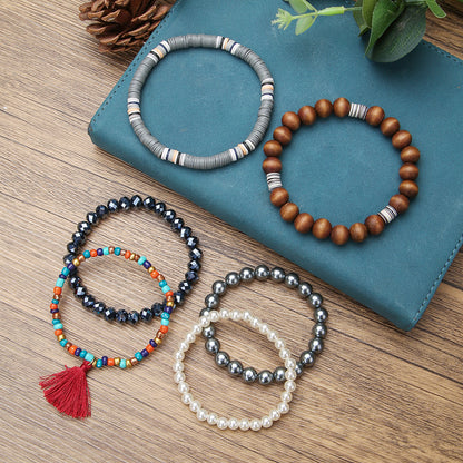 Cross-border fashion bohemian glass bead wood bead pearl bracelet multi-layer elastic soft pottery bracelet combination set