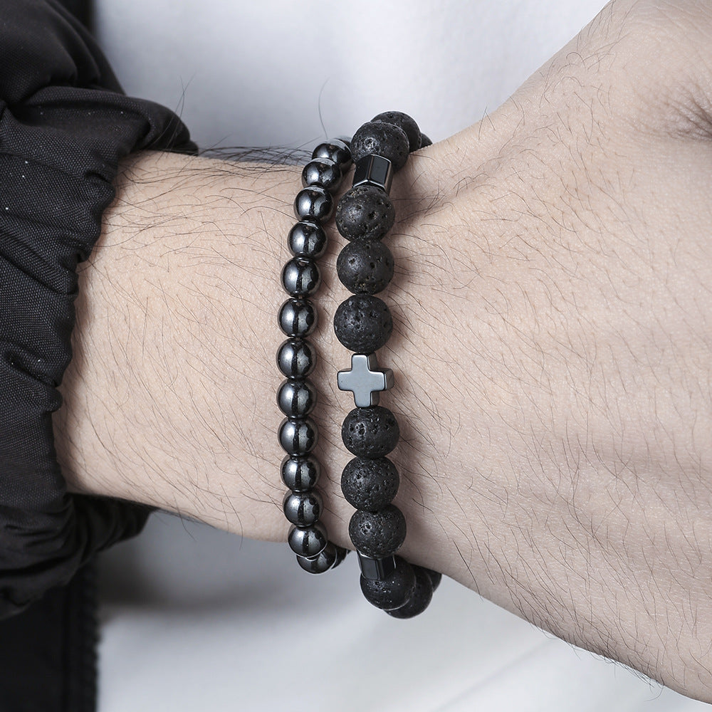 Cross-border fashion volcanic stone tiger's eye stone black gallstone bracelet men's trendy men's simple fashion cross beaded bracelet