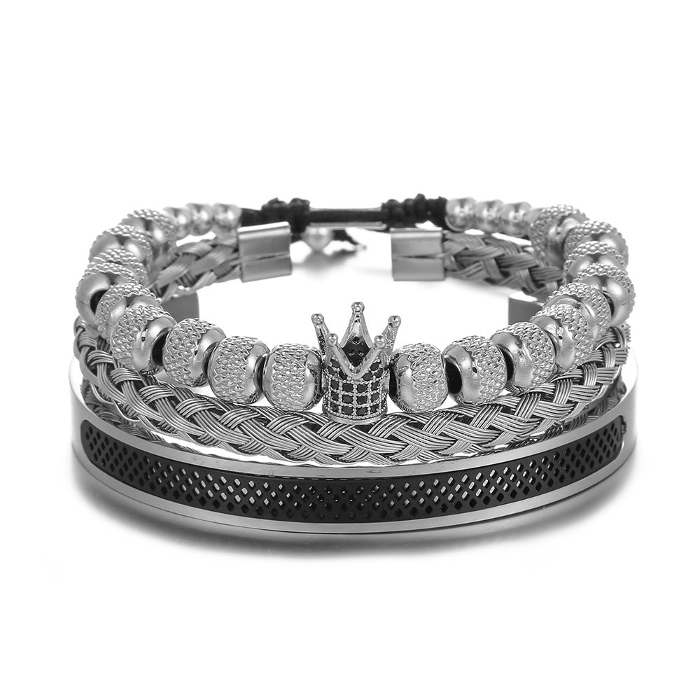 Cross-border new copper-inlaid zircon crown woven bracelet combination stainless steel grid opening titanium steel bracelet set men