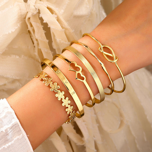 European and American cross-border alloy love knotted flower bracelet set geometric metal cross-stacked wear LOVE open bracelet