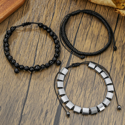 Cross-border hot-selling square black gallstone bracelet men's multi-strip stacking wear mix and match woven bracelet fashion beaded with jewelry men