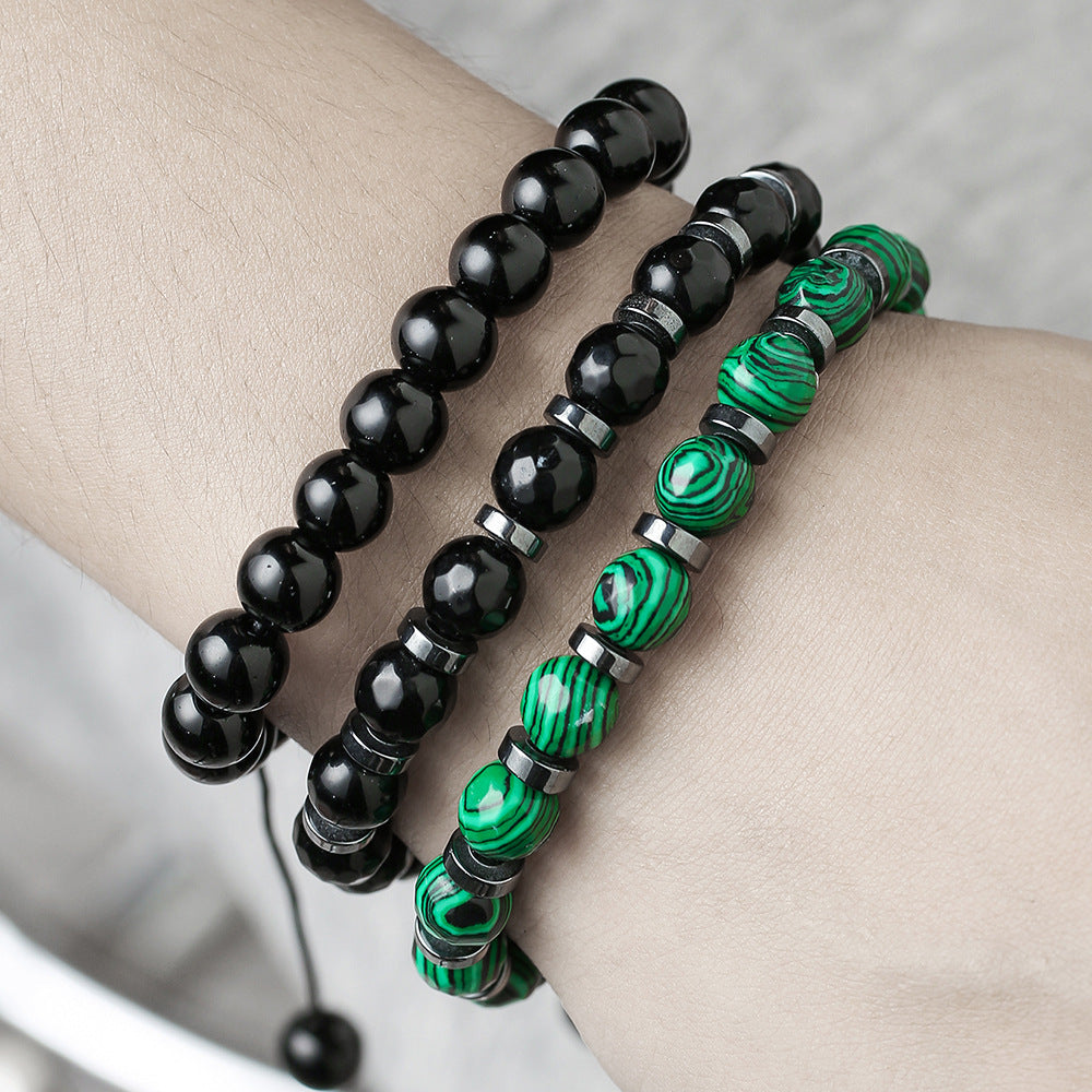 Black Gallstone Black Agate Green Peacock Handwoven Bracelet Bohemian Beach Surfing Stacked Bracelet Jewelry