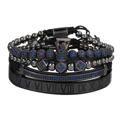 European and American men's micro-inlaid zircon diamond ball crown bracelet, diamond bracelet set, stainless steel Roman bracelet four-piece set