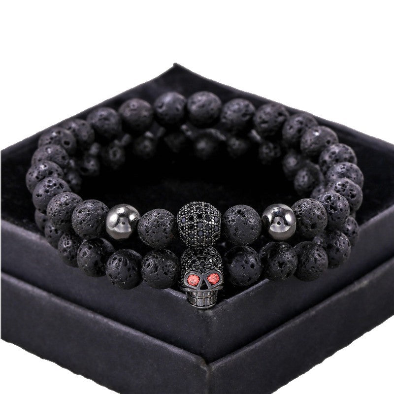 Amazon Punk Bracelet, Microencrusted Zircon Diamond Ball Skull Set Bracelet Men's Volcanic Stone Bead Bracelet